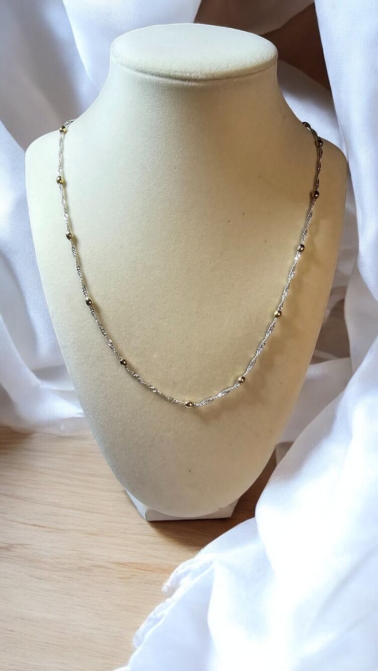 Silver Twisted Chain Gold Bead Two Tone Necklace 22 Inch Minimal Modern Chic